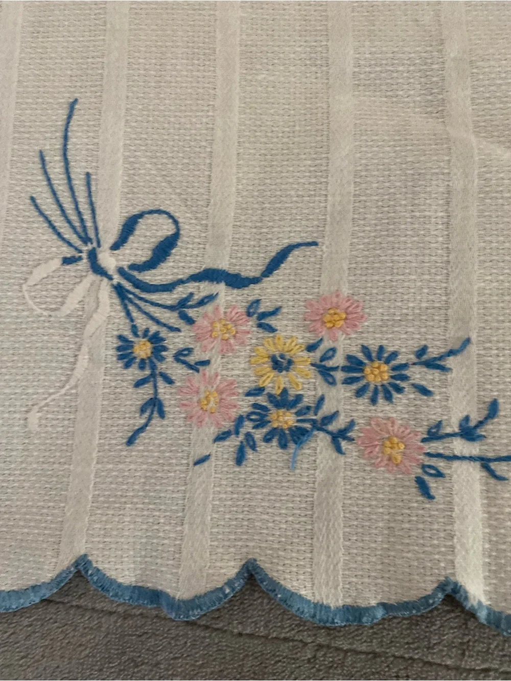 Embroidered Floral White tea towel with Blue Trim